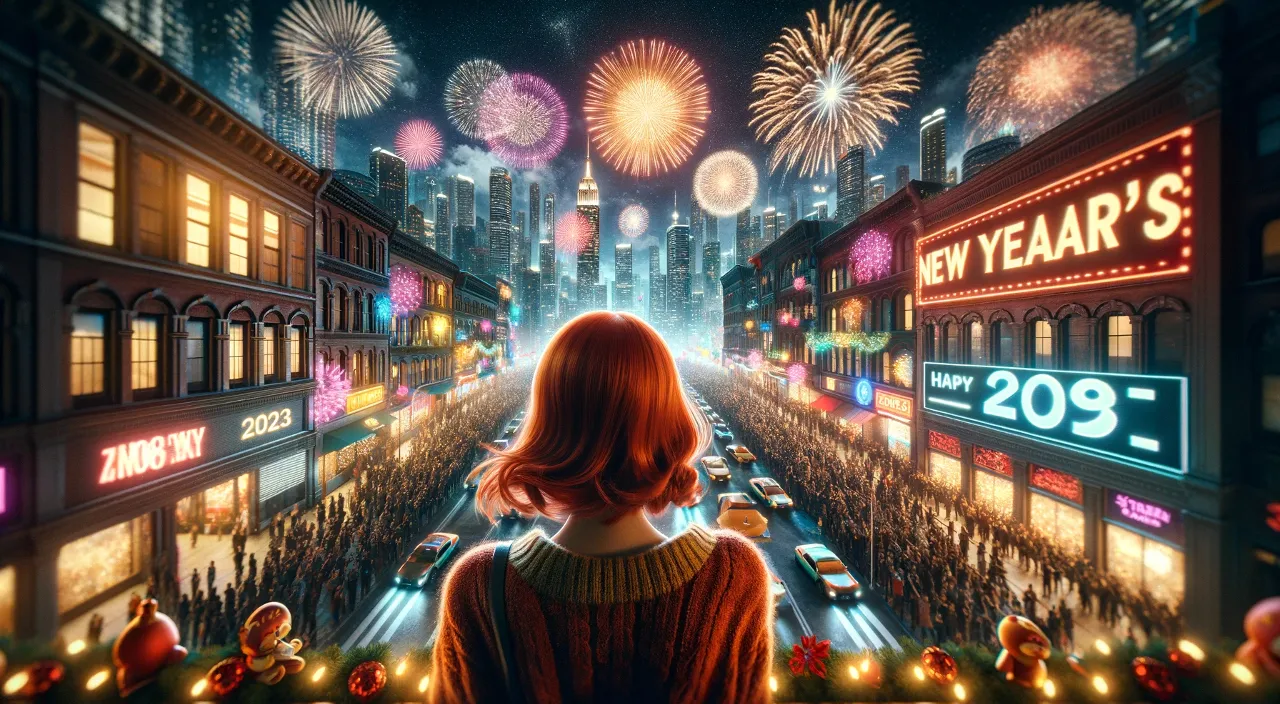 a woman watching fireworks lighting up the night sky over a bustling city at night 