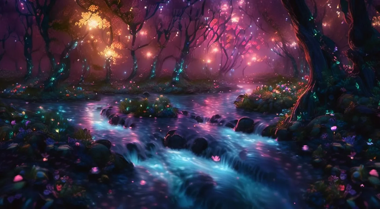 a painting of a stream running through a forest