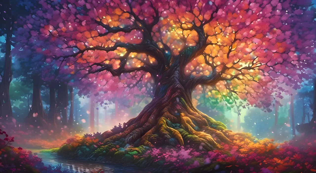 a painting of a tree in the middle of a forest