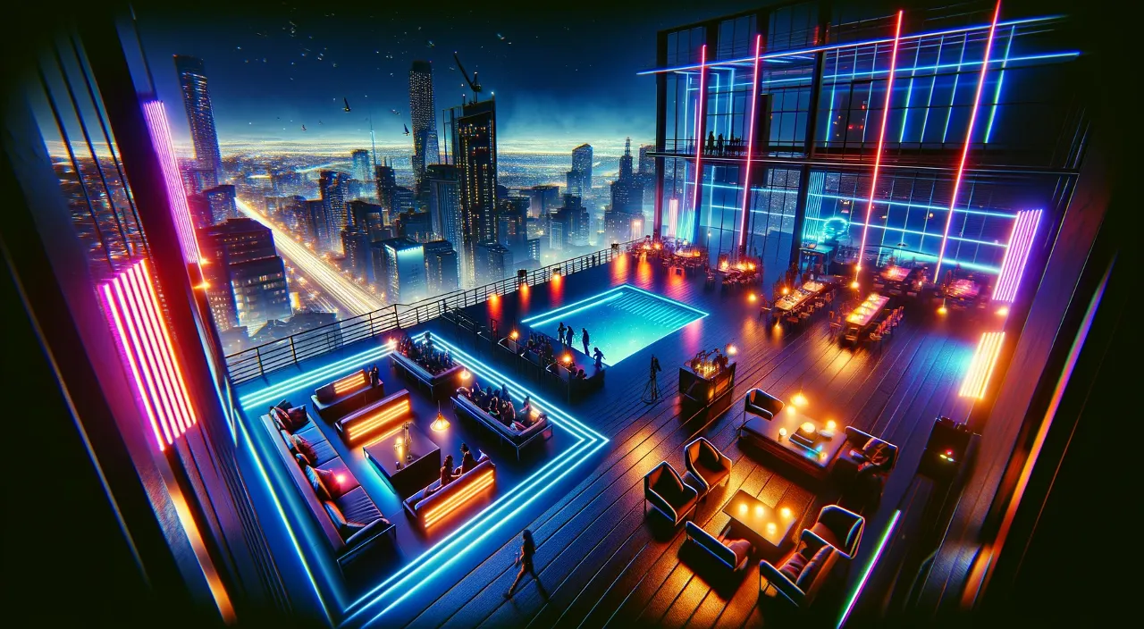 a group of people enjoying the vibrant atmosphere against the backdrop of the city skyline in a room filled with furniture and a pool surrounded by tall buildings