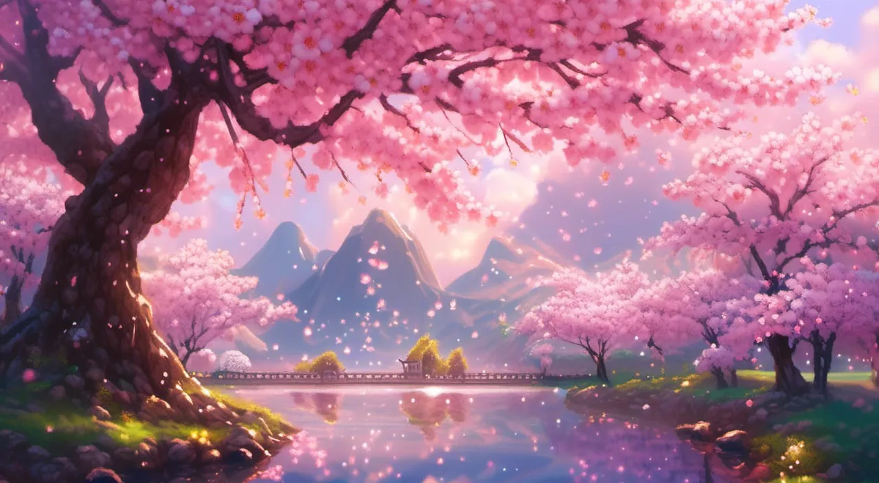 a painting of a river with pink flowers