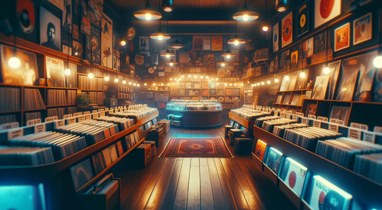 vintage record store at night filled with rows of vinyl records, vintage posters, and soft, ambient lighting.