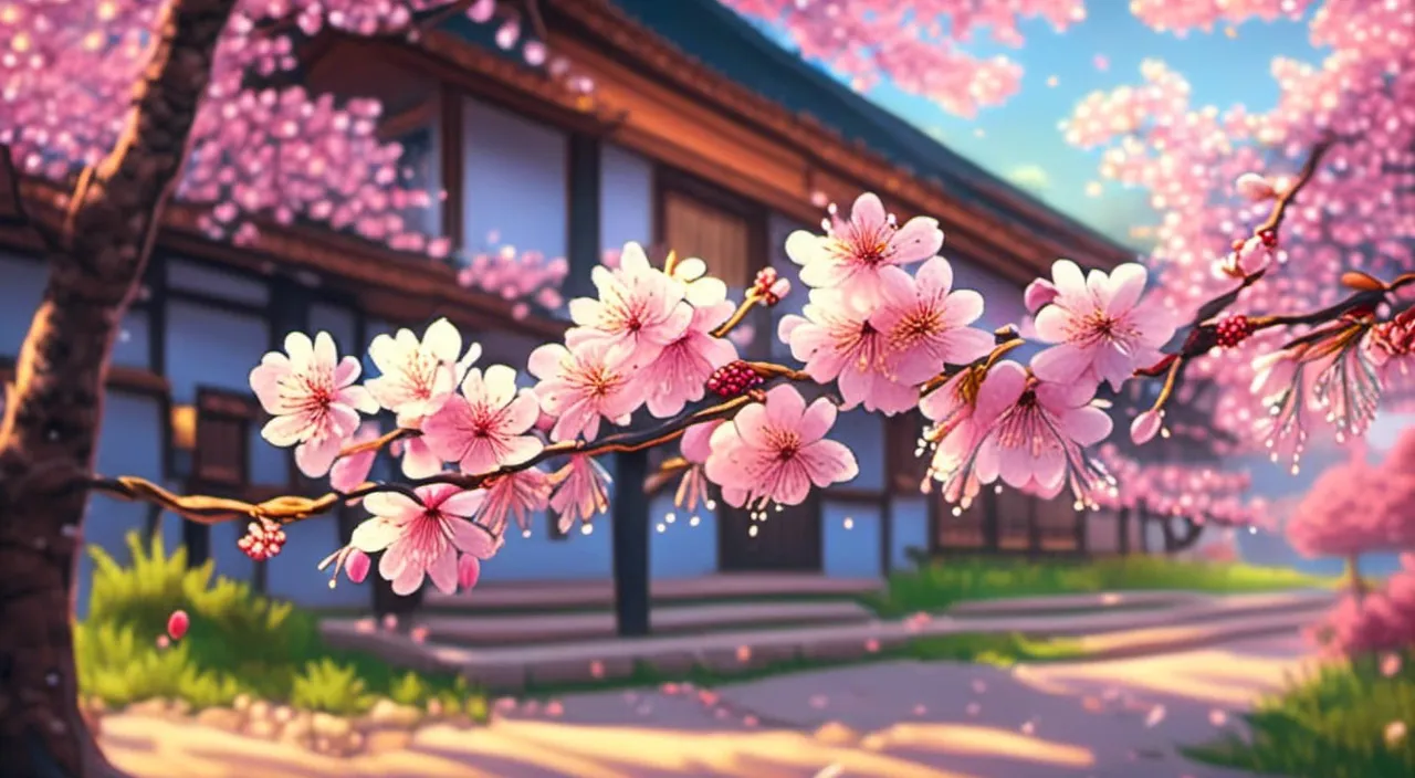 a painting of a cherry blossom tree in front of a building