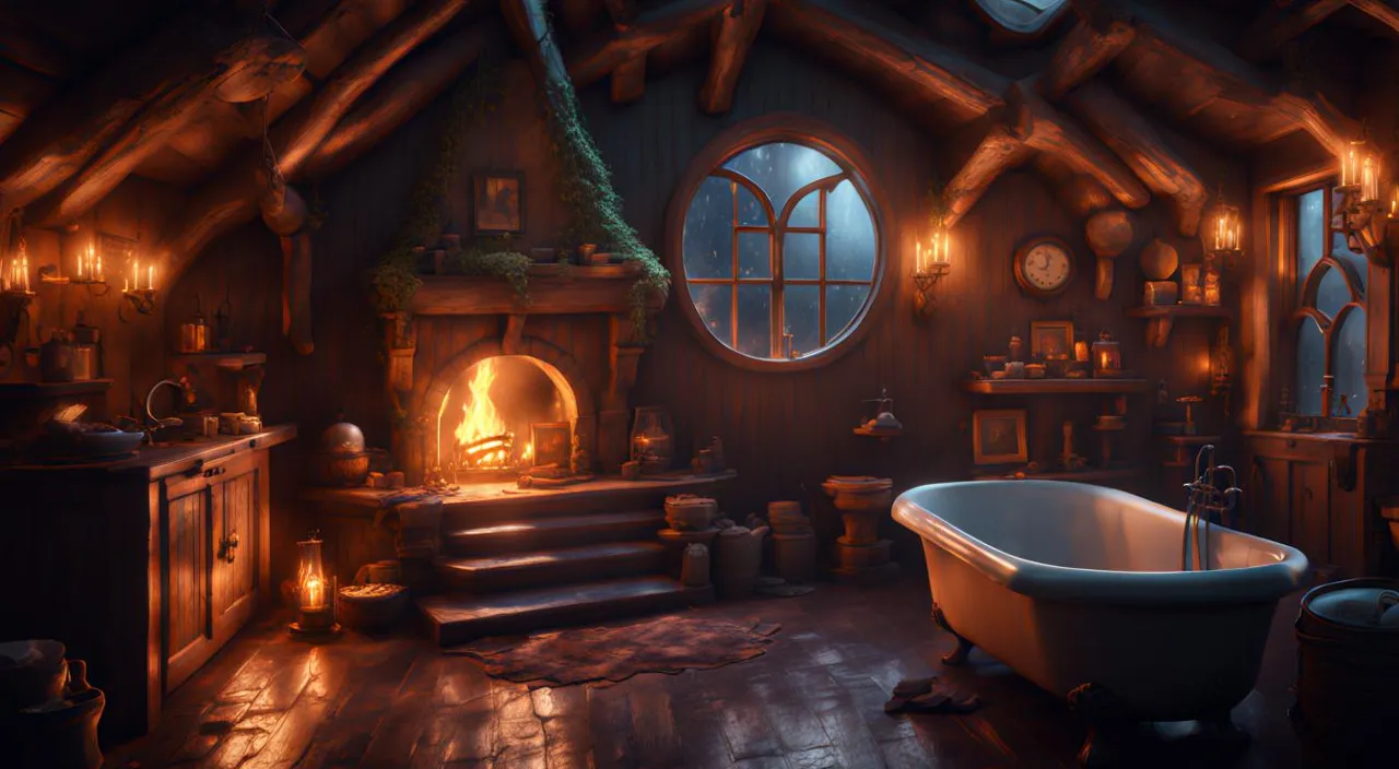 a bathroom with a tub and a fire place