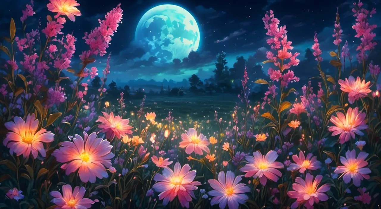 a night scene with flowers and a full moon
