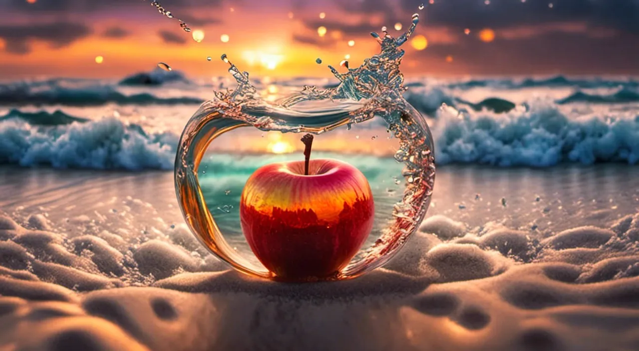 an apple in a glass jar with water splashing out of it, no camera motion