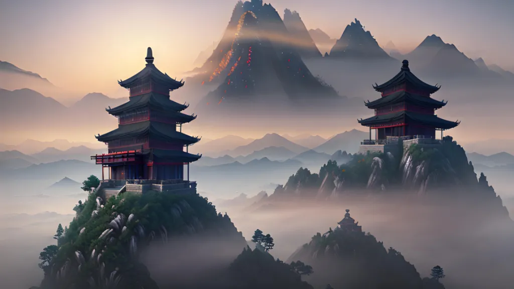 a painting of two pagodas on top of a mountain. sky, mountain, cloud, natural landscape, afterglow, highland, world, dusk, atmospheric phenomenon, building