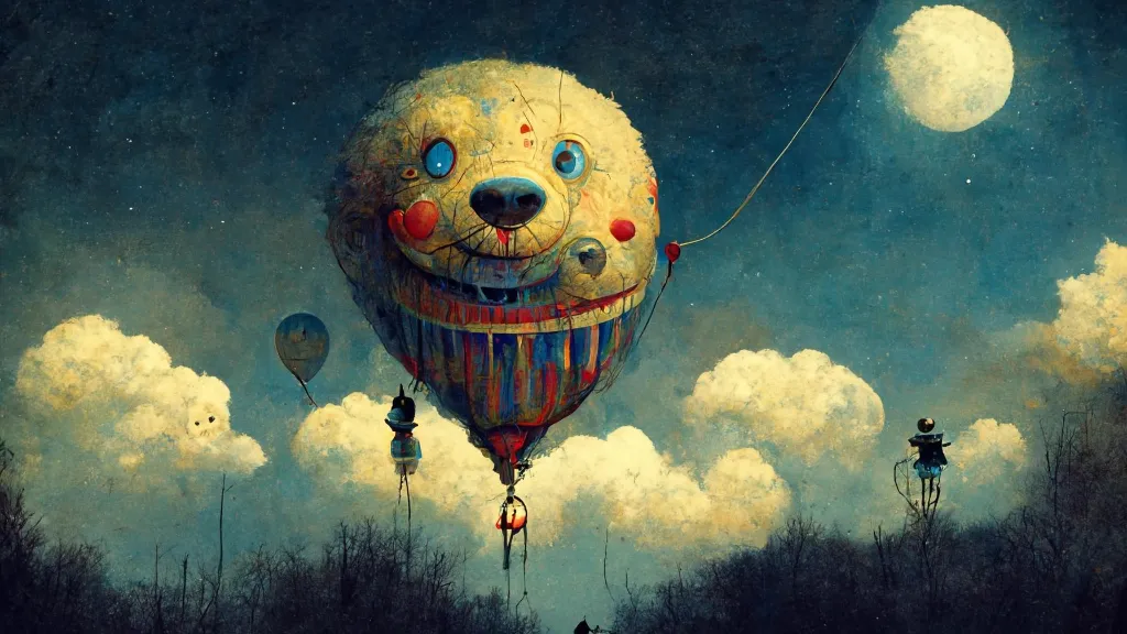 a painting of a bear balloon floating in the sky. sky, cloud, daytime, photograph, nature, world, aerostat, natural environment, moon, happy