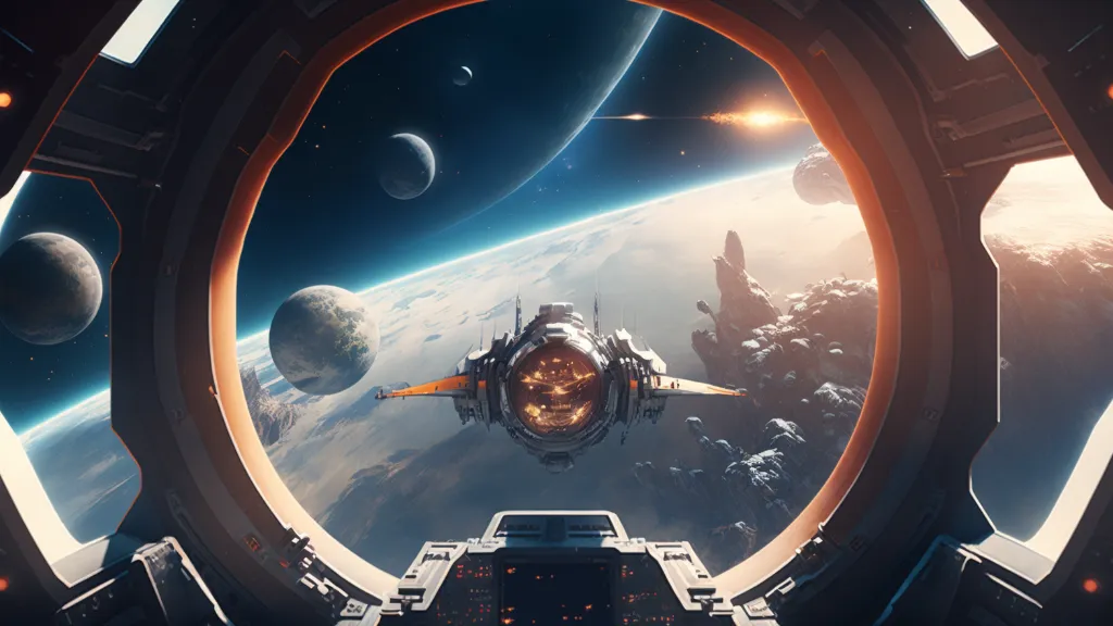 a space station with a view of planets. light, space, circle, design, fictional character, science, art, graphics, event, machine