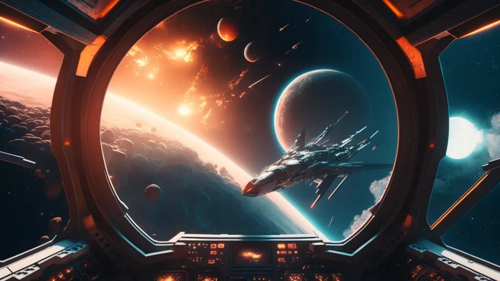 a space station with a view of the planets. automotive lighting, font, astronomical object, space, midnight, technology, circle, event, darkness, graphics