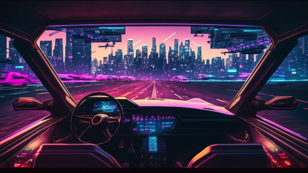 a car driving down a city street at night. car, vehicle, automotive lighting, automotive design, skyscraper, purple, mode of transport, motor vehicle, personal luxury car, speedometer