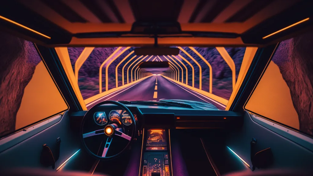 a car driving on a road with a tunnel in the background. purple, lighting, triangle, line, tints and shades, automotive lighting, symmetry, space, wood, art