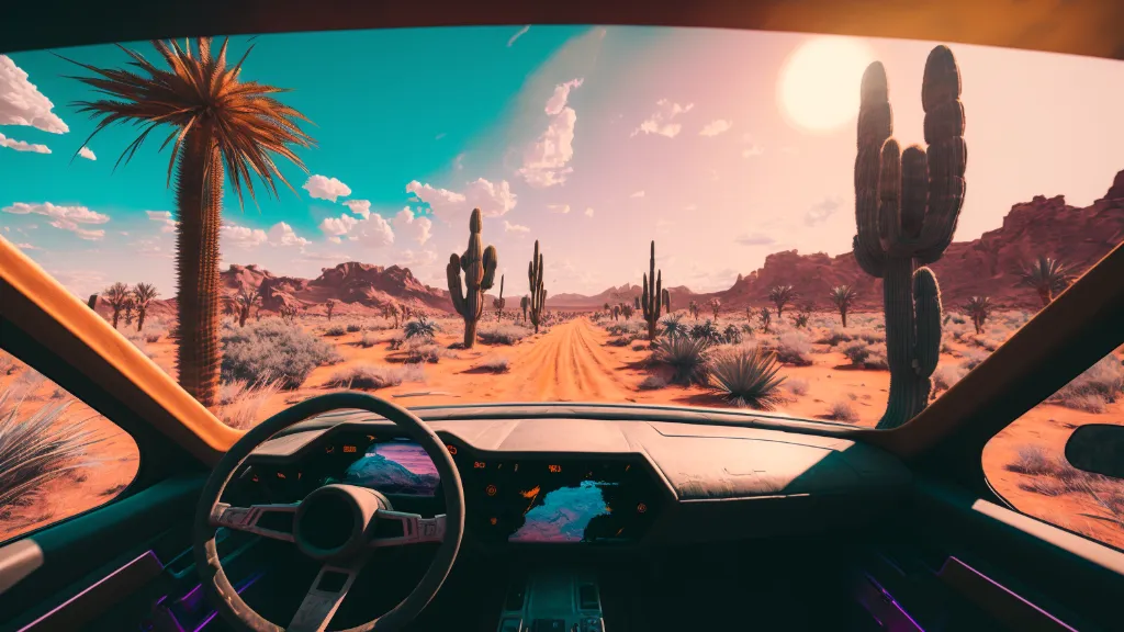 a car driving down a desert road with cactus trees. cloud, car, sky, plant, vehicle, photograph, light, wheel, motor vehicle, nature