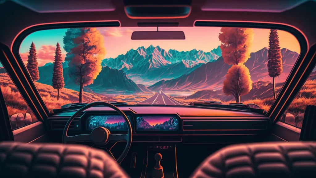 the interior of a car with a view of the mountains. car, motor vehicle, automotive lighting, automotive design, hood, automotive mirror, sky, mode of transport, automotive exterior, vehicle door