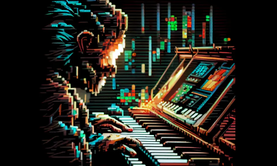 a man playing a keyboard in front of a computer screen. musical instrument, piano, keyboard, musical keyboard, musical instrument accessory, font, building, electronic device, art, darkness