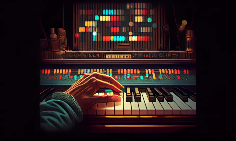 a person playing a piano in a dark room. musical instrument, piano, keyboard, musical keyboard, musical instrument accessory, electric piano, electronic musical instrument, electronic keyboard, electronic instrument, entertainment