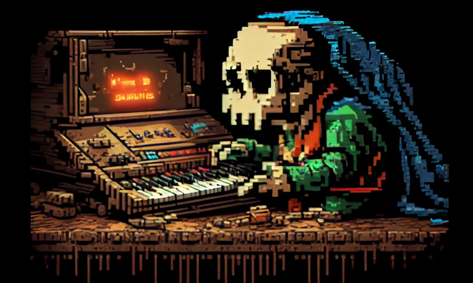 a pixel art picture of a skeleton playing a keyboard. musical instrument accessory, entertainment, audio equipment, font, technology, darkness, musical instrument, electronic musical instrument, art, event