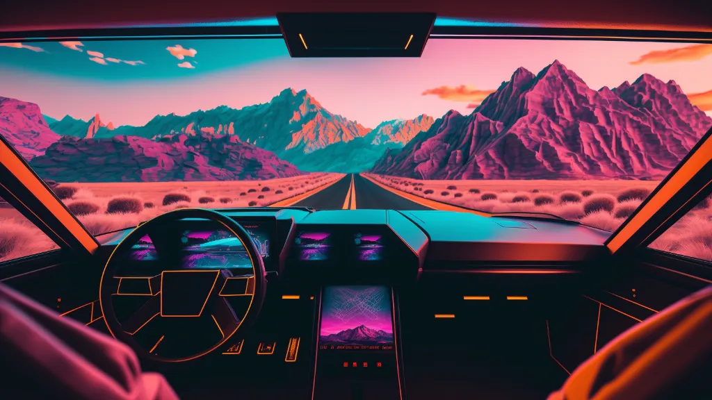 a car driving down a road with mountains in the background. sky, mountain, automotive design, purple, lighting, entertainment, line, font, flat panel display, red