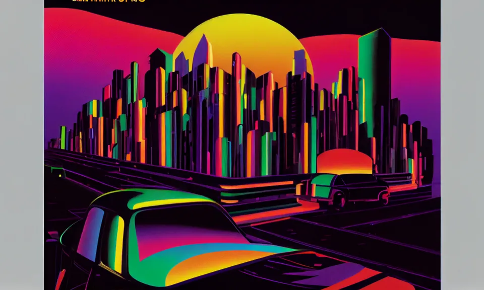 a poster of a city with neon colors. building, light, hood, vehicle, architecture, font, pink, line, magenta, automotive lighting