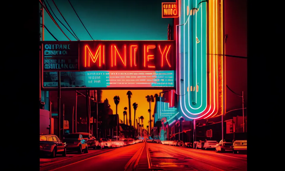 a neon sign that reads mintex on the side of a road. light, automotive lighting, building, infrastructure, electricity, car, line, magenta, city, metropolitan area