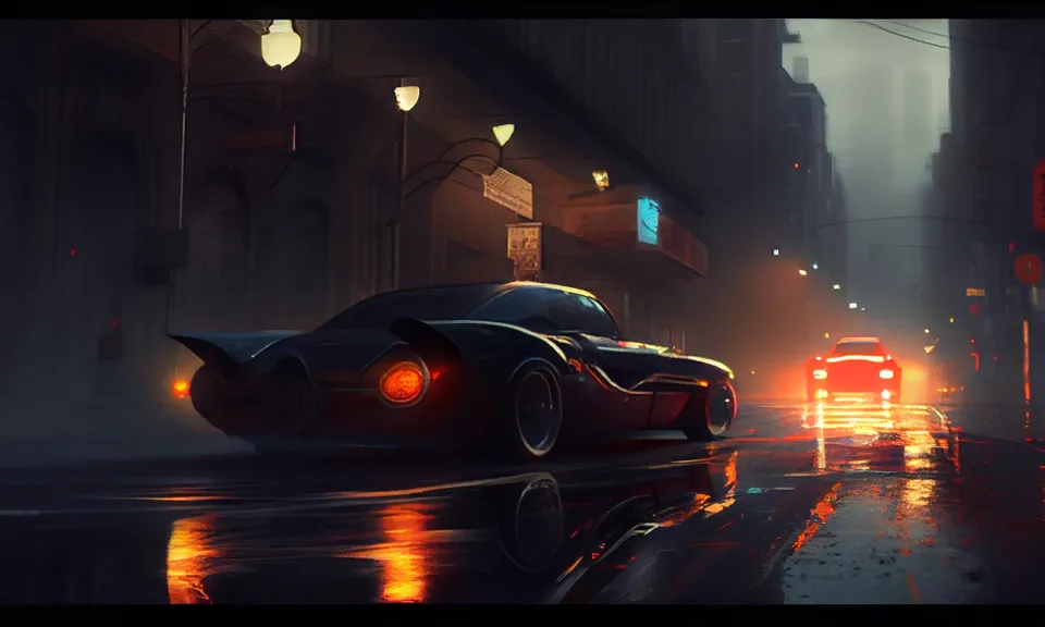 a car driving down a rain soaked street at night. tire, automotive parking light, wheel, vehicle, car, automotive lighting, motor vehicle, automotive tire, automotive design, headlamp