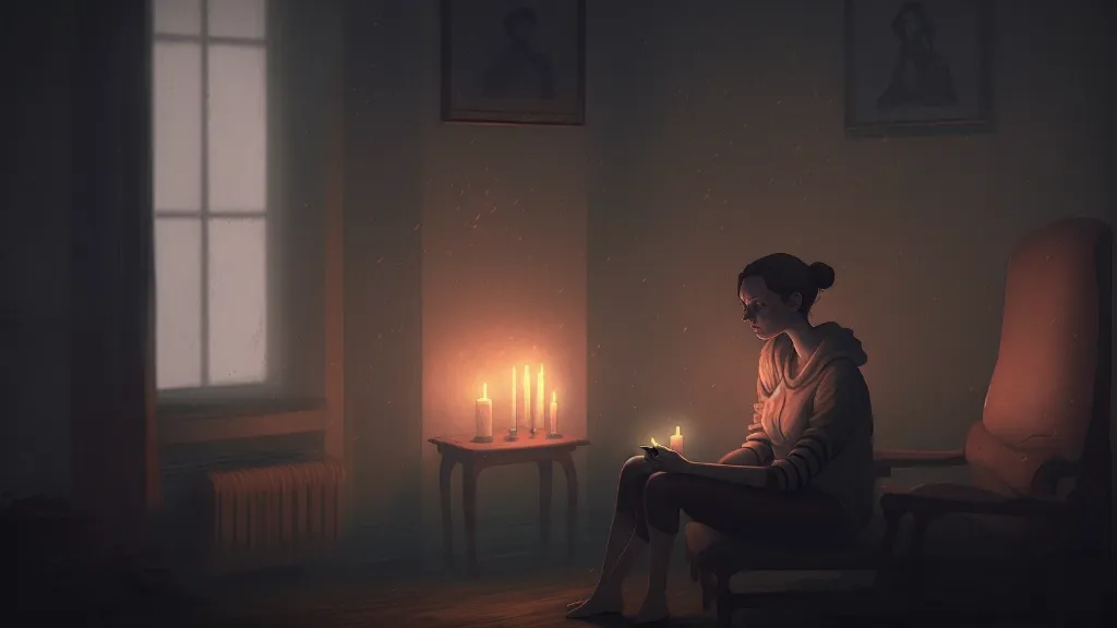 a woman sitting in a chair in front of a lit candle