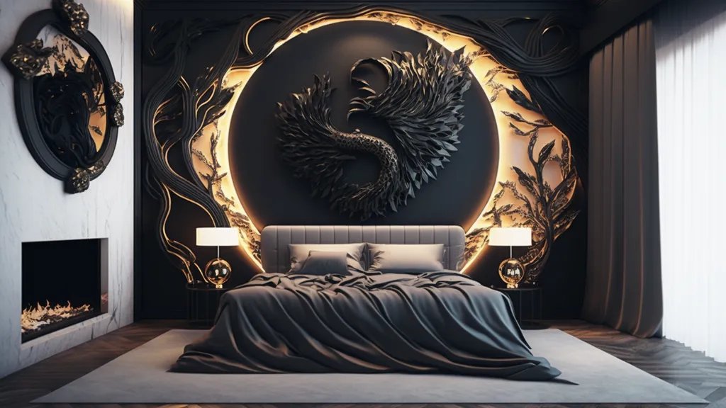 a bedroom with a large bed and a large mirror on the wall