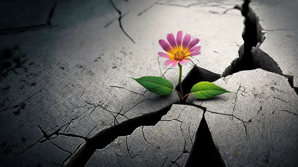 a flower growing out of a crack in the ground on a lava field. Change the ground to a lava field.