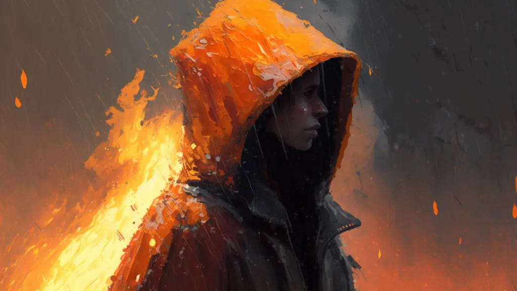 person in a cloak standing in the rain. change the jacket to a cloak, and the person to an enchanter or sorcerer