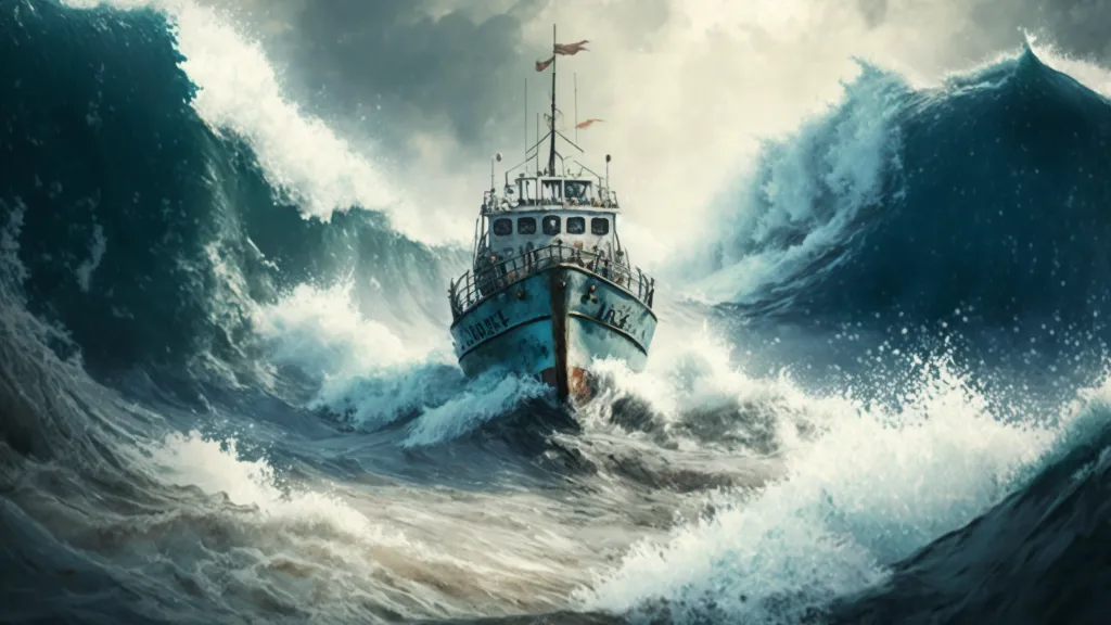 A painting of a submarine in the middle of a large wave. Change the boat to a submarine.