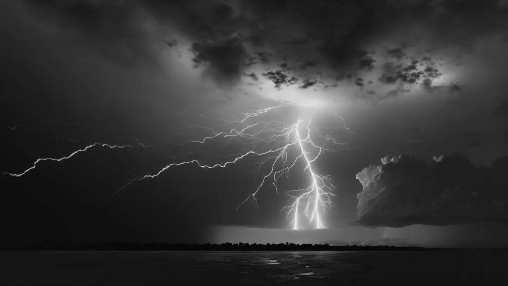 a black and white photo of a lightning storm