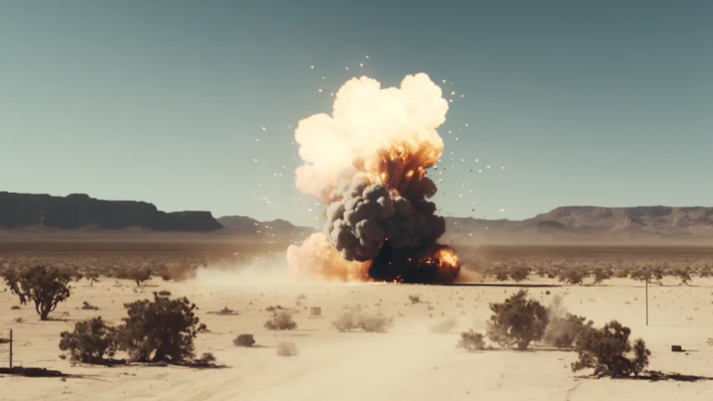 A large explosion in the middle of a desert - cinematic explosion by Tom Haas. explosion of satellite in the desert, make it cinematic