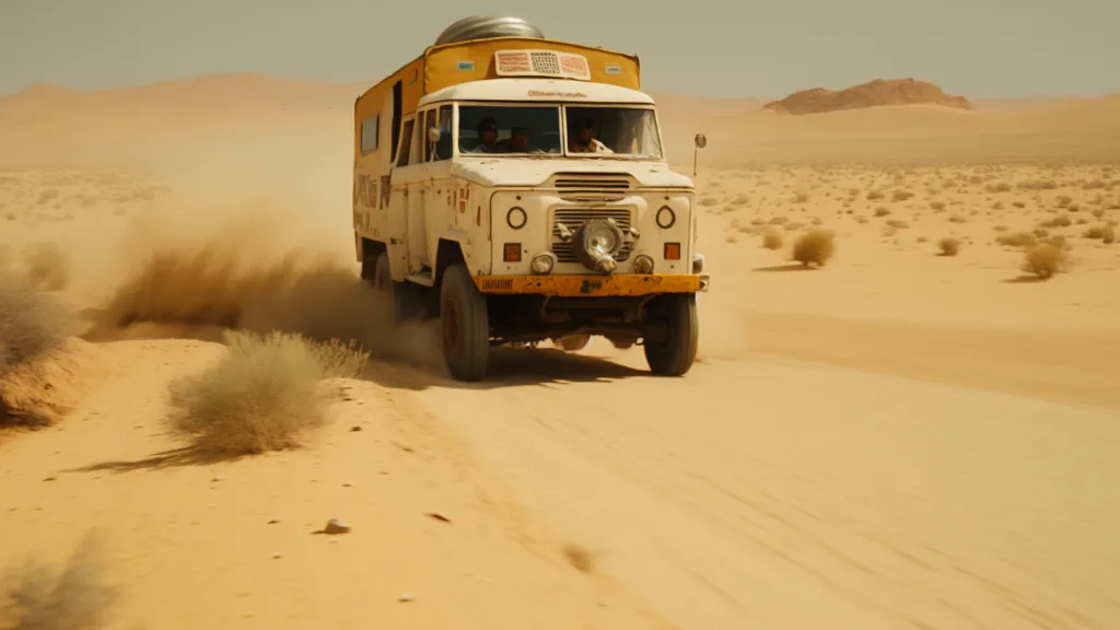 a white truck driving through a desert area