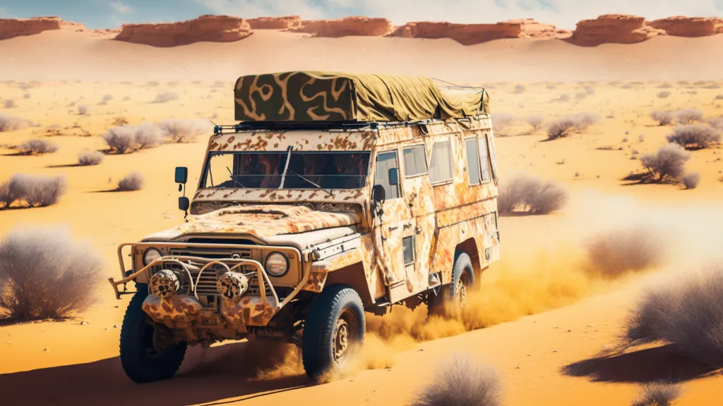 a camouflaged military vehicle driving through the desert