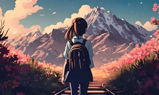 a girl with a backpack is standing on a train track