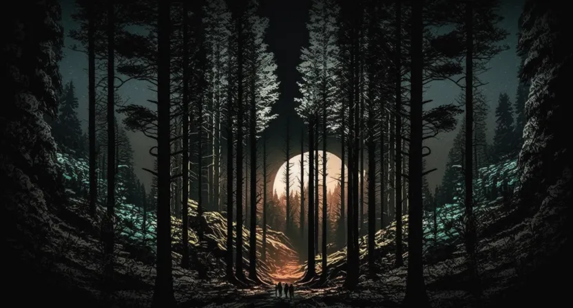 a dark forest with a full moon in the background