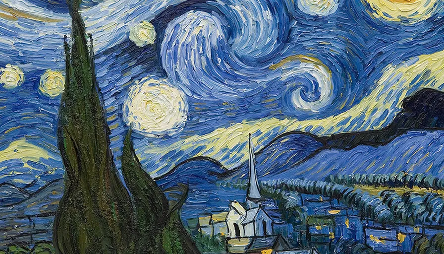 a painting of a starry night with a church in the foreground