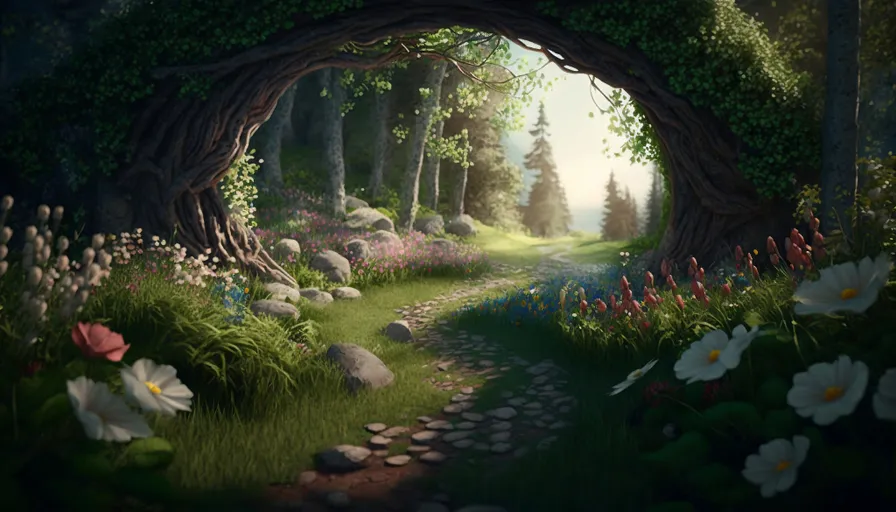 a painting of a path through a forest