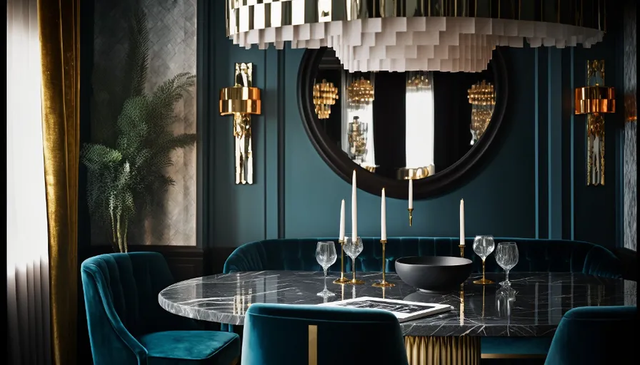 a dining room with a round table surrounded by blue chairs