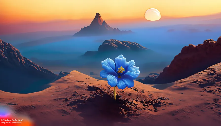 a blue flower sitting in the middle of a desert