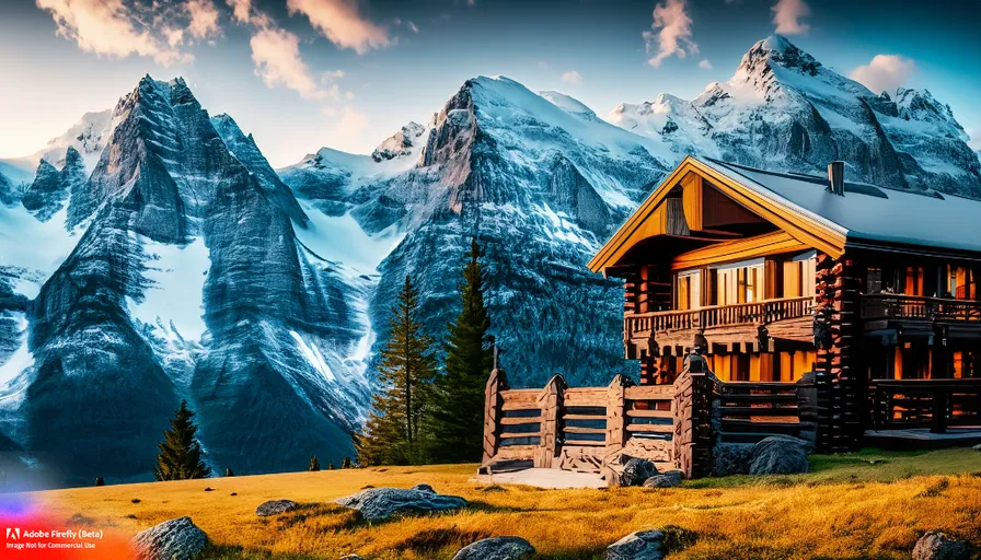 a cabin in the mountains with a mountain range in the background