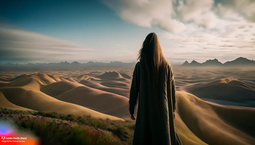 a woman standing on top of a desert under a cloudy sky