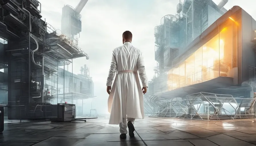 a man in a white trench coat is standing in front of a factory