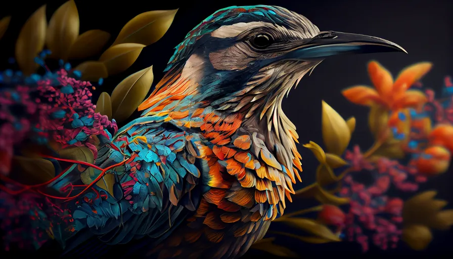 a painting of a colorful bird on a black background