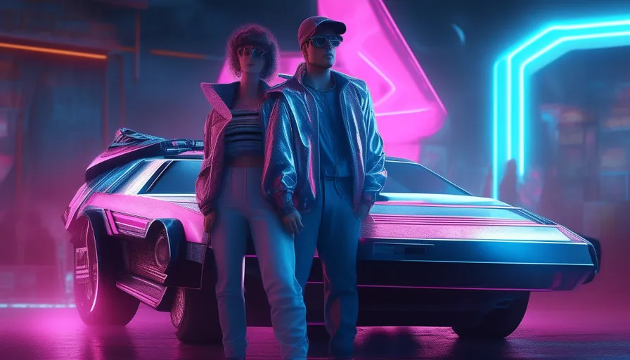 a man and a woman standing next to a car