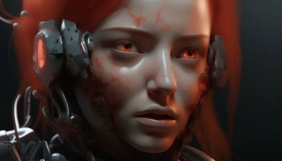 a woman with red hair wearing a robot suit