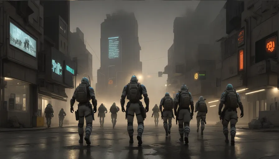 animated-group of people walking down the street, concept art, mars, high resolution armor dressed as people.
Invasion 2033-2042, human soldiers, octane renderer. fog