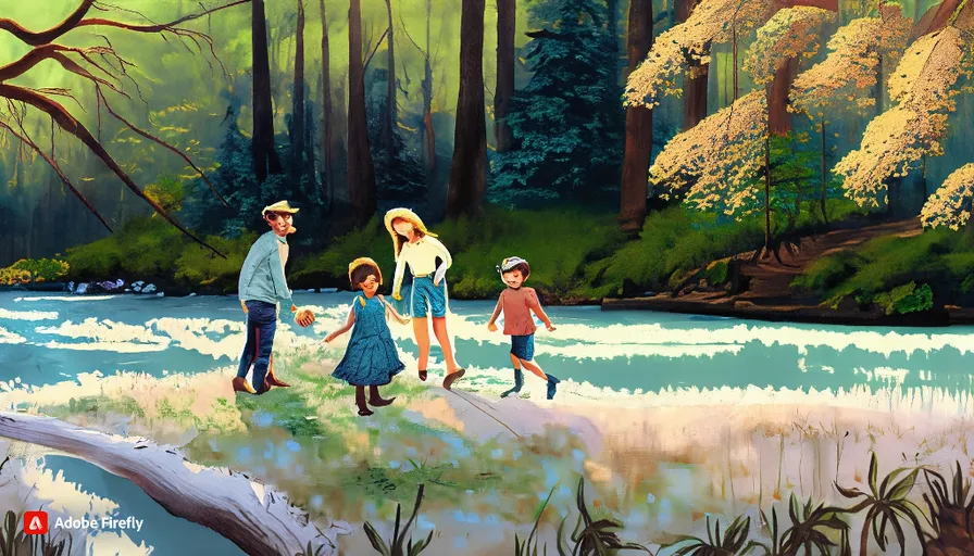 a painting of a family walking in the woods