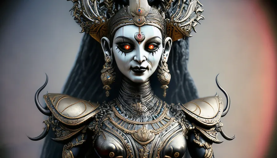 a close up of a statue of a woman with engraved designs emerging over time and her eyes glowing