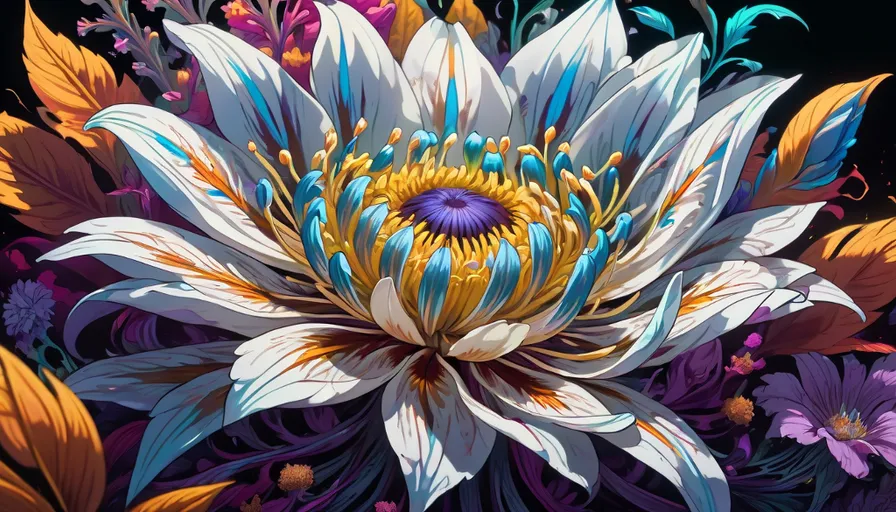 a painting of a white flower with purple and yellow petals